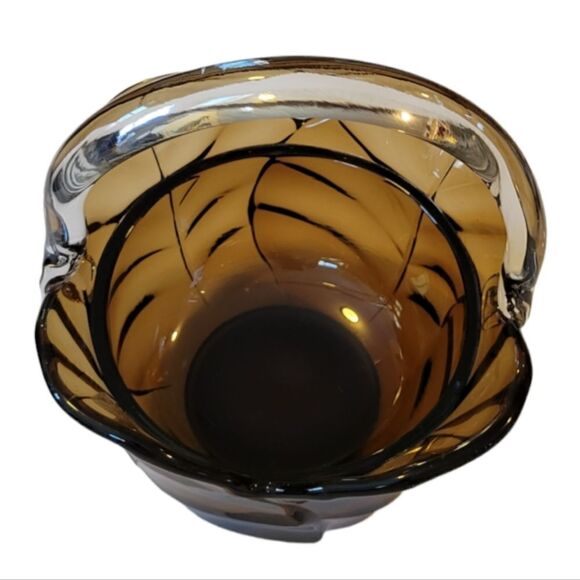 Vintage Viking Hand Made Amber Leaf Clear Handle Collectable Glass Bowl - Picture 4 of 6